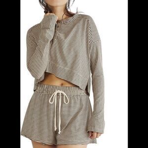 Free People Women's Seeing Striped Lounge Pajamas Sleep Set Tan Black SZ XS NWT